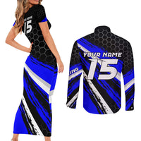 Custom Blue Motocross Couples Matching Short Sleeve Bodycon Dress and Long Sleeve Button Shirt with Dirt Bike Rider Graphic Design on Honeycomb Pattern - Wonder Print Shop