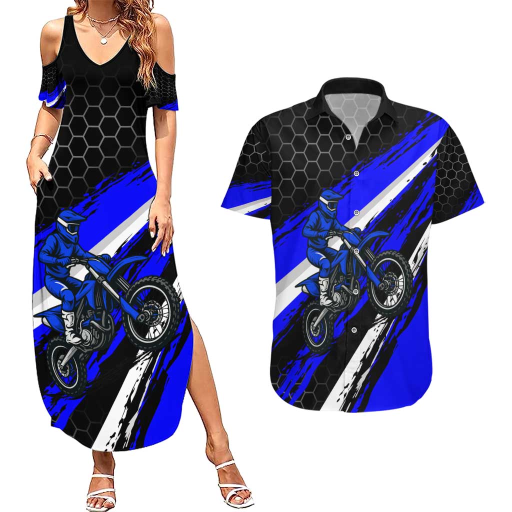 Custom Blue Motocross Couples Matching Summer Maxi Dress and Hawaiian Shirt with Dirt Bike Rider Graphic Design on Honeycomb Pattern - Wonder Print Shop