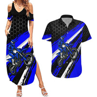 Custom Blue Motocross Couples Matching Summer Maxi Dress and Hawaiian Shirt with Dirt Bike Rider Graphic Design on Honeycomb Pattern - Wonder Print Shop