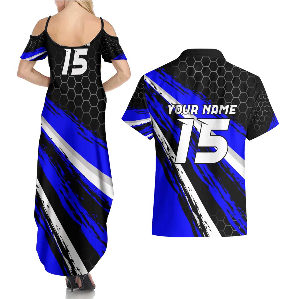 Custom Blue Motocross Couples Matching Summer Maxi Dress and Hawaiian Shirt with Dirt Bike Rider Graphic Design on Honeycomb Pattern - Wonder Print Shop