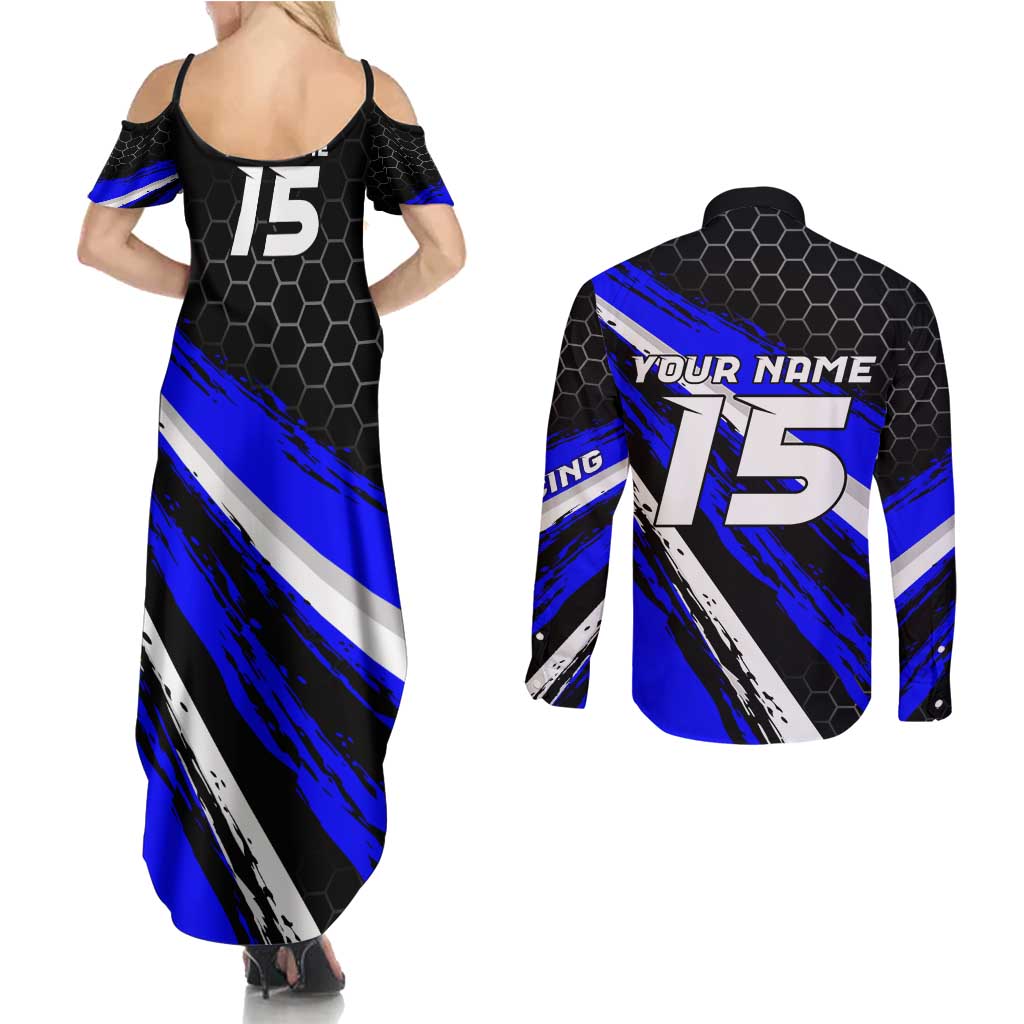 Custom Blue Motocross Couples Matching Summer Maxi Dress and Long Sleeve Button Shirt with Dirt Bike Rider Graphic Design on Honeycomb Pattern - Wonder Print Shop