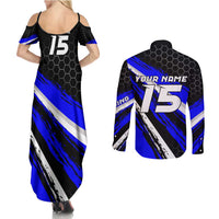 Custom Blue Motocross Couples Matching Summer Maxi Dress and Long Sleeve Button Shirt with Dirt Bike Rider Graphic Design on Honeycomb Pattern - Wonder Print Shop