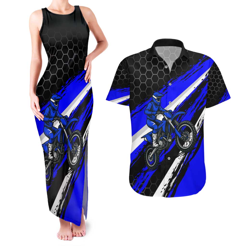 Custom Blue Motocross Couples Matching Tank Maxi Dress and Hawaiian Shirt with Dirt Bike Rider Graphic Design on Honeycomb Pattern - Wonder Print Shop