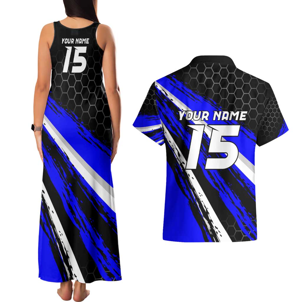 Custom Blue Motocross Couples Matching Tank Maxi Dress and Hawaiian Shirt with Dirt Bike Rider Graphic Design on Honeycomb Pattern - Wonder Print Shop