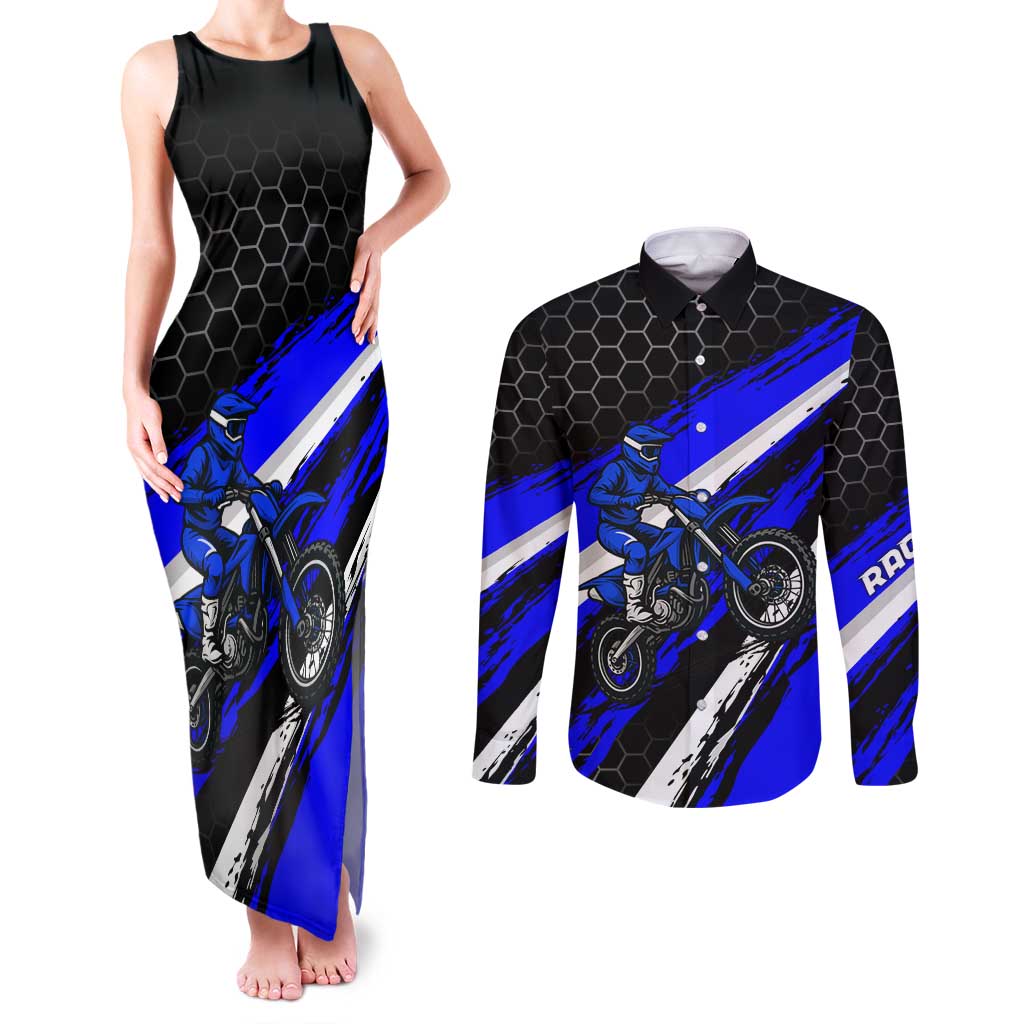 Custom Blue Motocross Couples Matching Tank Maxi Dress and Long Sleeve Button Shirt with Dirt Bike Rider Graphic Design on Honeycomb Pattern - Wonder Print Shop