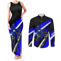 Custom Blue Motocross Couples Matching Tank Maxi Dress and Long Sleeve Button Shirt with Dirt Bike Rider Graphic Design on Honeycomb Pattern - Wonder Print Shop