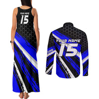 Custom Blue Motocross Couples Matching Tank Maxi Dress and Long Sleeve Button Shirt with Dirt Bike Rider Graphic Design on Honeycomb Pattern - Wonder Print Shop