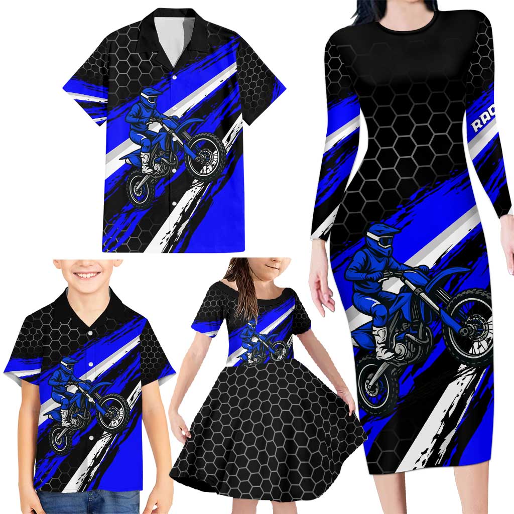 Custom Blue Motocross Family Matching Long Sleeve Bodycon Dress and Hawaiian Shirt with Dirt Bike Rider Graphic Design on Honeycomb Pattern - Wonder Print Shop