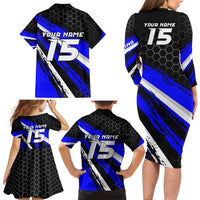 Custom Blue Motocross Family Matching Long Sleeve Bodycon Dress and Hawaiian Shirt with Dirt Bike Rider Graphic Design on Honeycomb Pattern - Wonder Print Shop