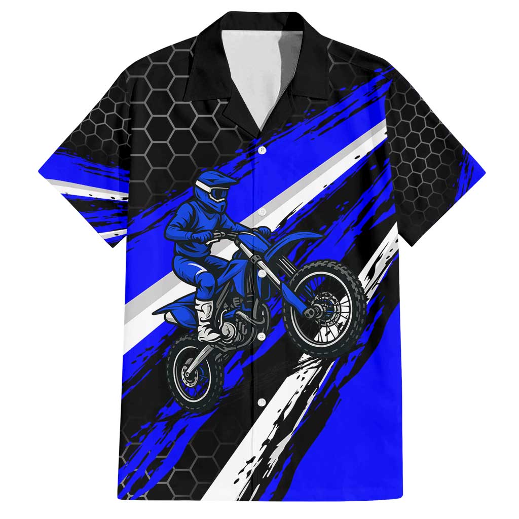 Custom Blue Motocross Family Matching Long Sleeve Bodycon Dress and Hawaiian Shirt with Dirt Bike Rider Graphic Design on Honeycomb Pattern - Wonder Print Shop