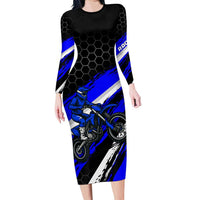 Custom Blue Motocross Family Matching Long Sleeve Bodycon Dress and Hawaiian Shirt with Dirt Bike Rider Graphic Design on Honeycomb Pattern - Wonder Print Shop