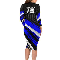 Custom Blue Motocross Family Matching Long Sleeve Bodycon Dress and Hawaiian Shirt with Dirt Bike Rider Graphic Design on Honeycomb Pattern - Wonder Print Shop