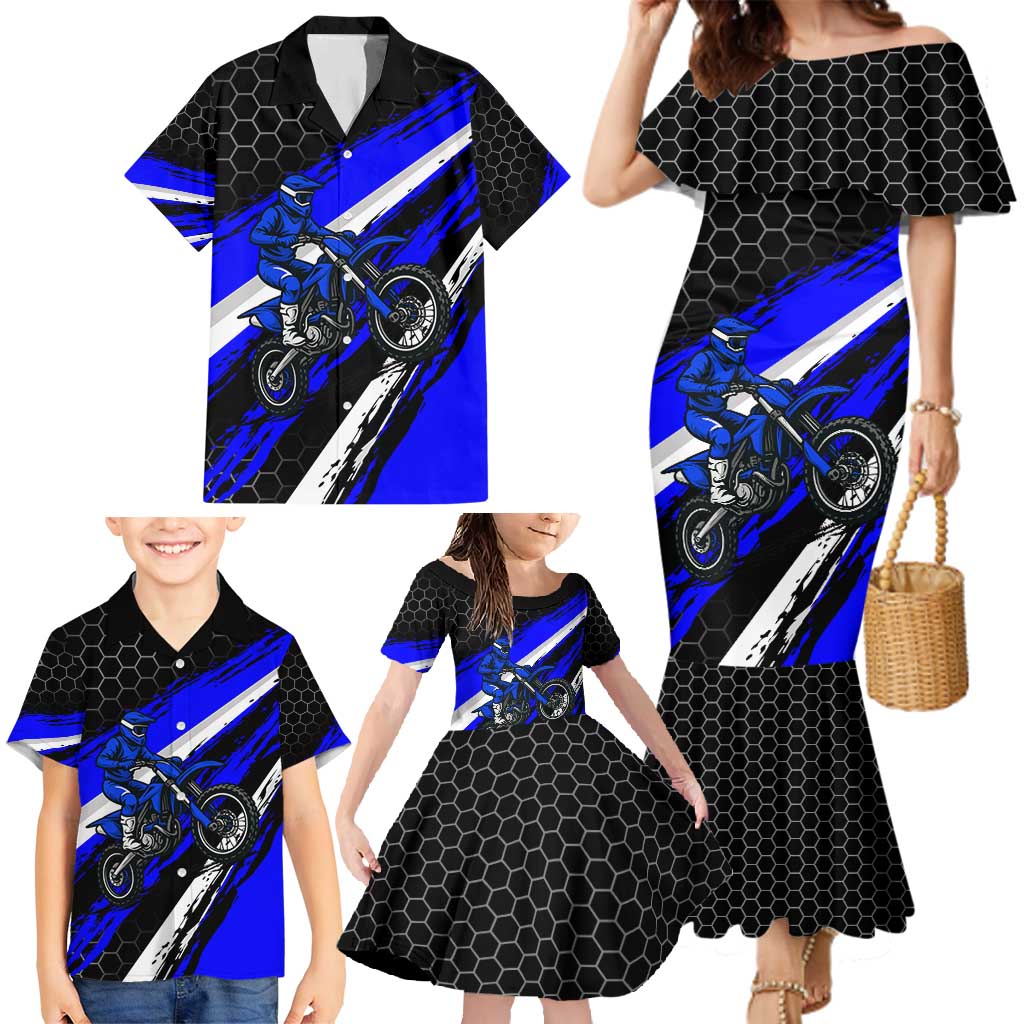 Custom Blue Motocross Family Matching Mermaid Dress and Hawaiian Shirt with Dirt Bike Rider Graphic Design on Honeycomb Pattern - Wonder Print Shop