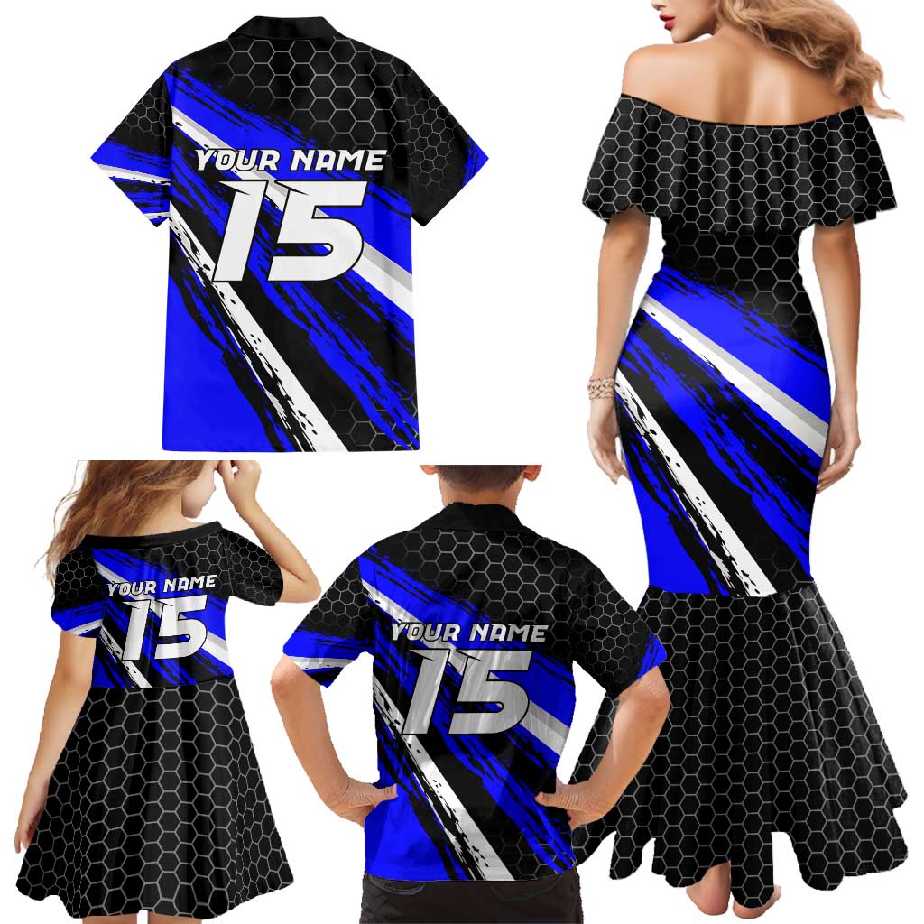 Custom Blue Motocross Family Matching Mermaid Dress and Hawaiian Shirt with Dirt Bike Rider Graphic Design on Honeycomb Pattern - Wonder Print Shop