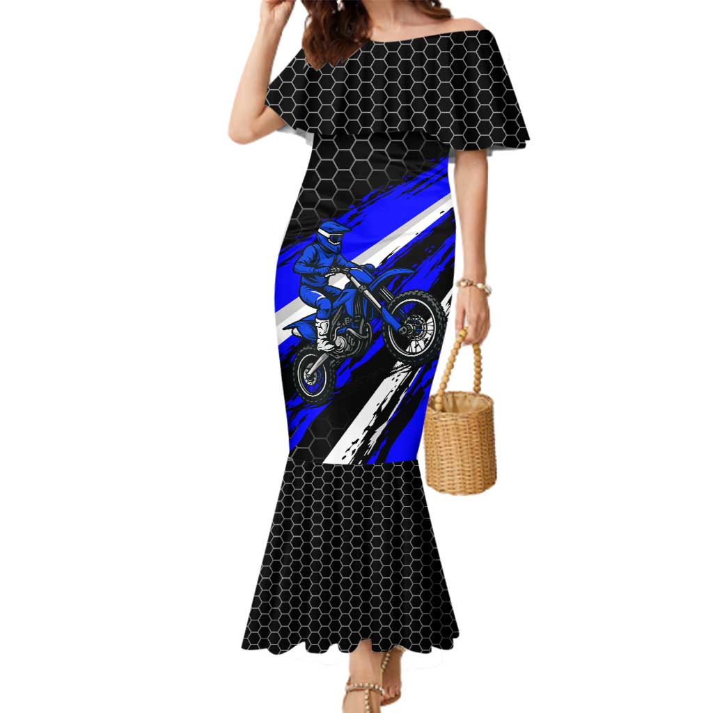Custom Blue Motocross Family Matching Mermaid Dress and Hawaiian Shirt with Dirt Bike Rider Graphic Design on Honeycomb Pattern - Wonder Print Shop