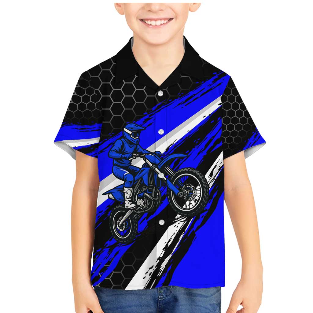 Custom Blue Motocross Family Matching Mermaid Dress and Hawaiian Shirt with Dirt Bike Rider Graphic Design on Honeycomb Pattern - Wonder Print Shop