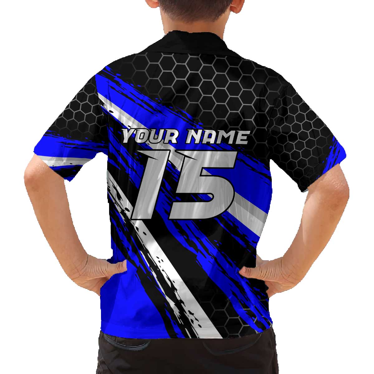 Custom Blue Motocross Family Matching Off The Shoulder Long Sleeve Dress and Hawaiian Shirt with Dirt Bike Rider Graphic Design on Honeycomb Pattern - Wonder Print Shop