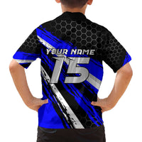 Custom Blue Motocross Family Matching Off The Shoulder Long Sleeve Dress and Hawaiian Shirt with Dirt Bike Rider Graphic Design on Honeycomb Pattern - Wonder Print Shop