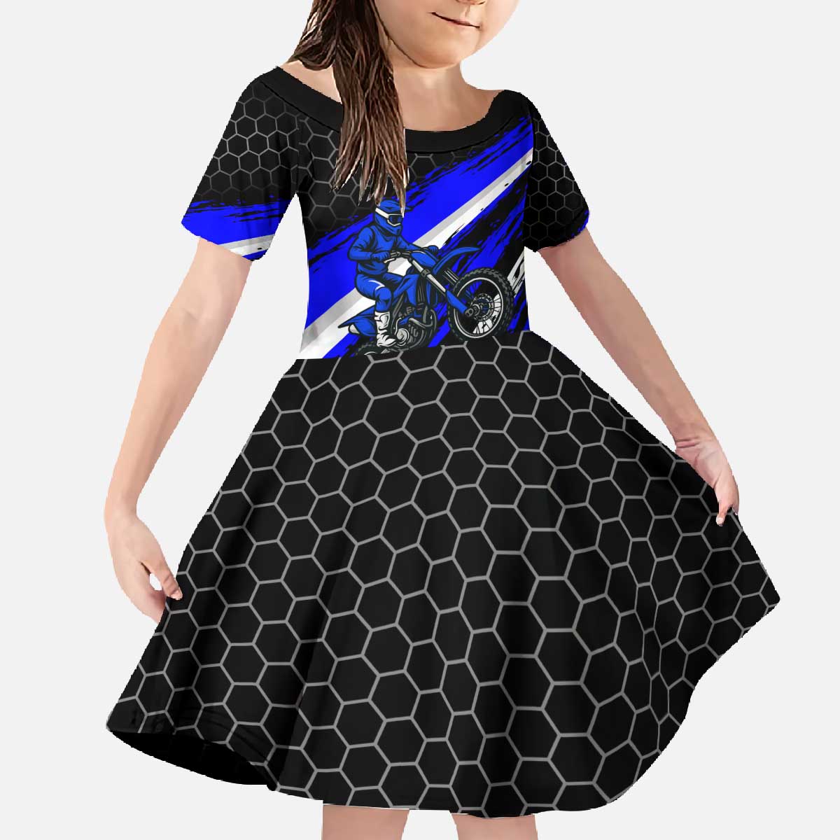 Custom Blue Motocross Family Matching Off The Shoulder Long Sleeve Dress and Hawaiian Shirt with Dirt Bike Rider Graphic Design on Honeycomb Pattern - Wonder Print Shop