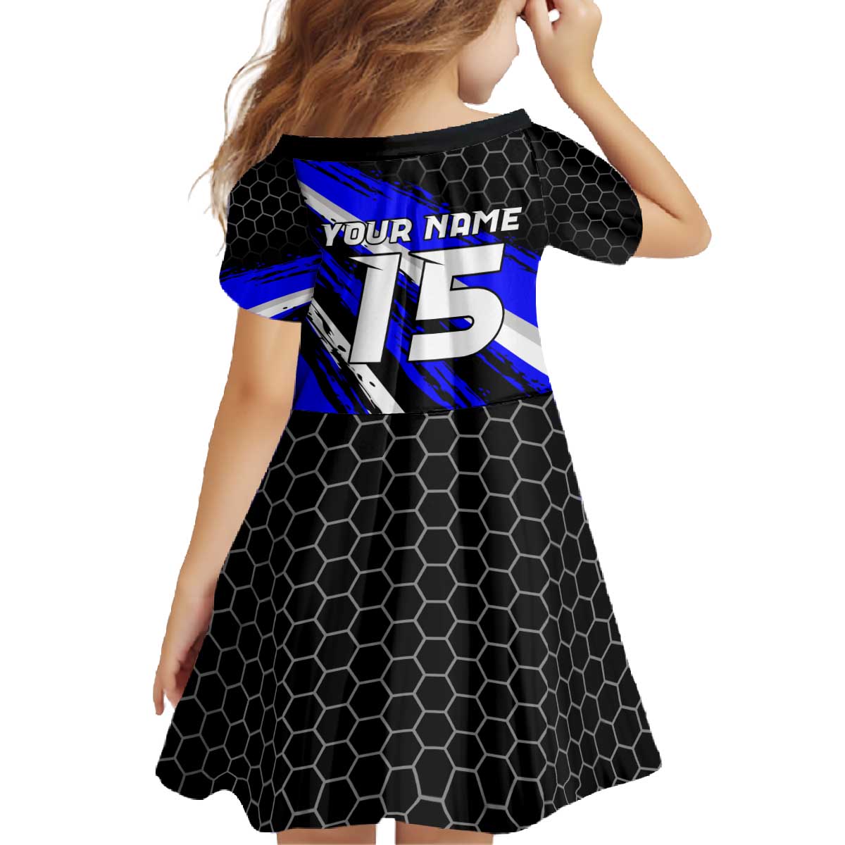 Custom Blue Motocross Family Matching Off The Shoulder Long Sleeve Dress and Hawaiian Shirt with Dirt Bike Rider Graphic Design on Honeycomb Pattern - Wonder Print Shop