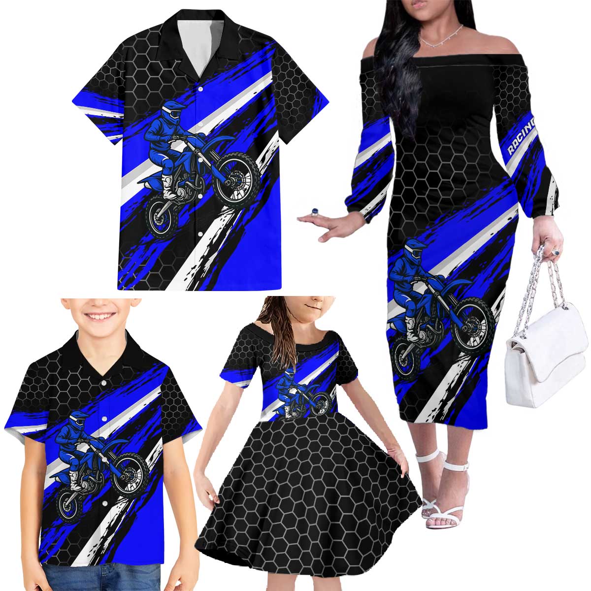 Custom Blue Motocross Family Matching Off The Shoulder Long Sleeve Dress and Hawaiian Shirt with Dirt Bike Rider Graphic Design on Honeycomb Pattern - Wonder Print Shop