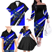 Custom Blue Motocross Family Matching Off The Shoulder Long Sleeve Dress and Hawaiian Shirt with Dirt Bike Rider Graphic Design on Honeycomb Pattern - Wonder Print Shop