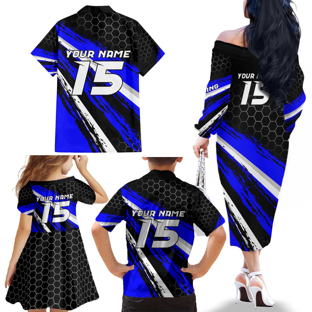 Custom Blue Motocross Family Matching Off The Shoulder Long Sleeve Dress and Hawaiian Shirt with Dirt Bike Rider Graphic Design on Honeycomb Pattern - Wonder Print Shop