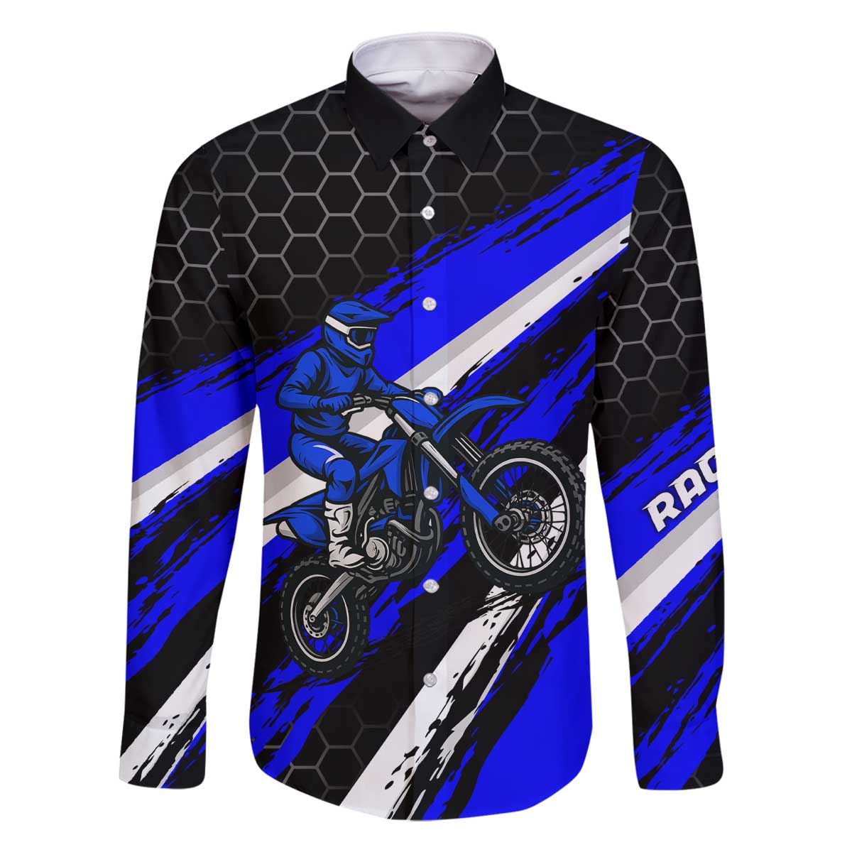 Custom Blue Motocross Family Matching Off The Shoulder Long Sleeve Dress and Hawaiian Shirt with Dirt Bike Rider Graphic Design on Honeycomb Pattern - Wonder Print Shop