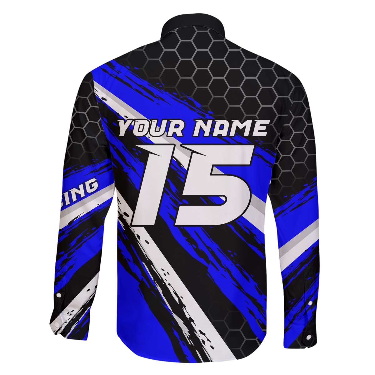 Custom Blue Motocross Family Matching Off The Shoulder Long Sleeve Dress and Hawaiian Shirt with Dirt Bike Rider Graphic Design on Honeycomb Pattern - Wonder Print Shop