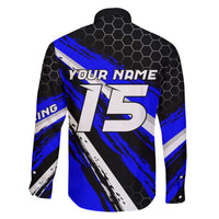 Custom Blue Motocross Family Matching Off The Shoulder Long Sleeve Dress and Hawaiian Shirt with Dirt Bike Rider Graphic Design on Honeycomb Pattern - Wonder Print Shop