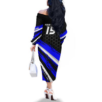 Custom Blue Motocross Family Matching Off The Shoulder Long Sleeve Dress and Hawaiian Shirt with Dirt Bike Rider Graphic Design on Honeycomb Pattern - Wonder Print Shop