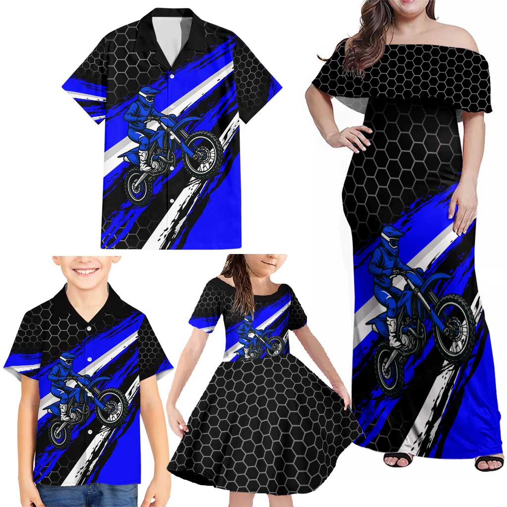 Custom Blue Motocross Family Matching Off Shoulder Maxi Dress and Hawaiian Shirt with Dirt Bike Rider Graphic Design on Honeycomb Pattern - Wonder Print Shop