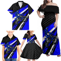 Custom Blue Motocross Family Matching Off Shoulder Maxi Dress and Hawaiian Shirt with Dirt Bike Rider Graphic Design on Honeycomb Pattern - Wonder Print Shop