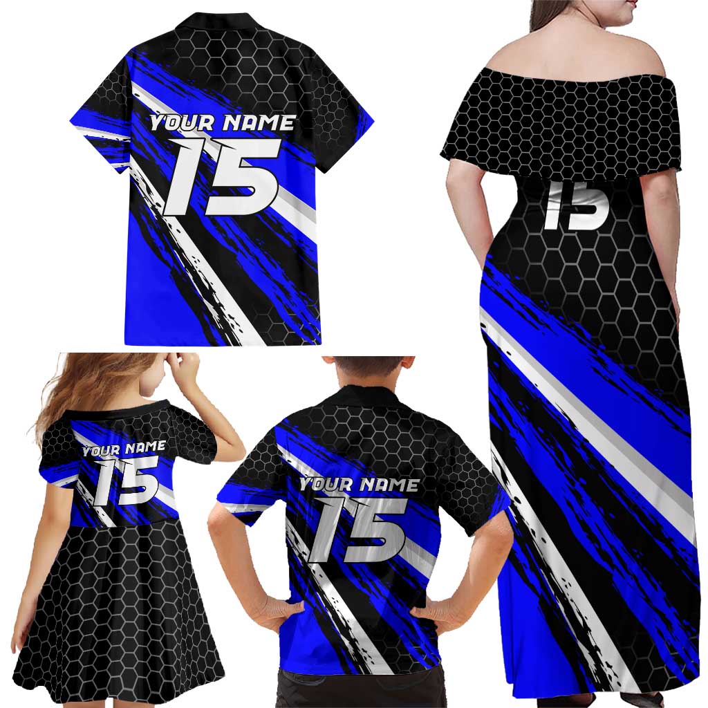 Custom Blue Motocross Family Matching Off Shoulder Maxi Dress and Hawaiian Shirt with Dirt Bike Rider Graphic Design on Honeycomb Pattern - Wonder Print Shop