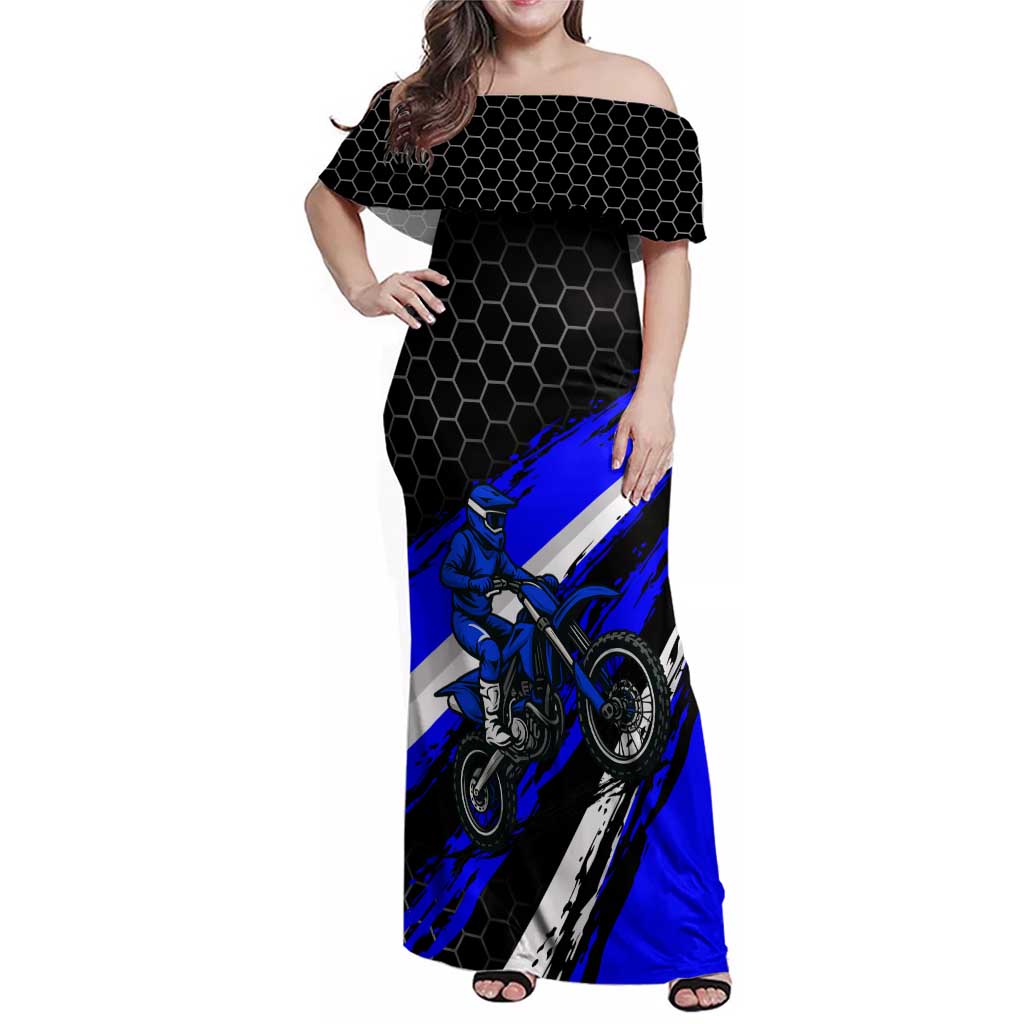 Custom Blue Motocross Family Matching Off Shoulder Maxi Dress and Hawaiian Shirt with Dirt Bike Rider Graphic Design on Honeycomb Pattern - Wonder Print Shop