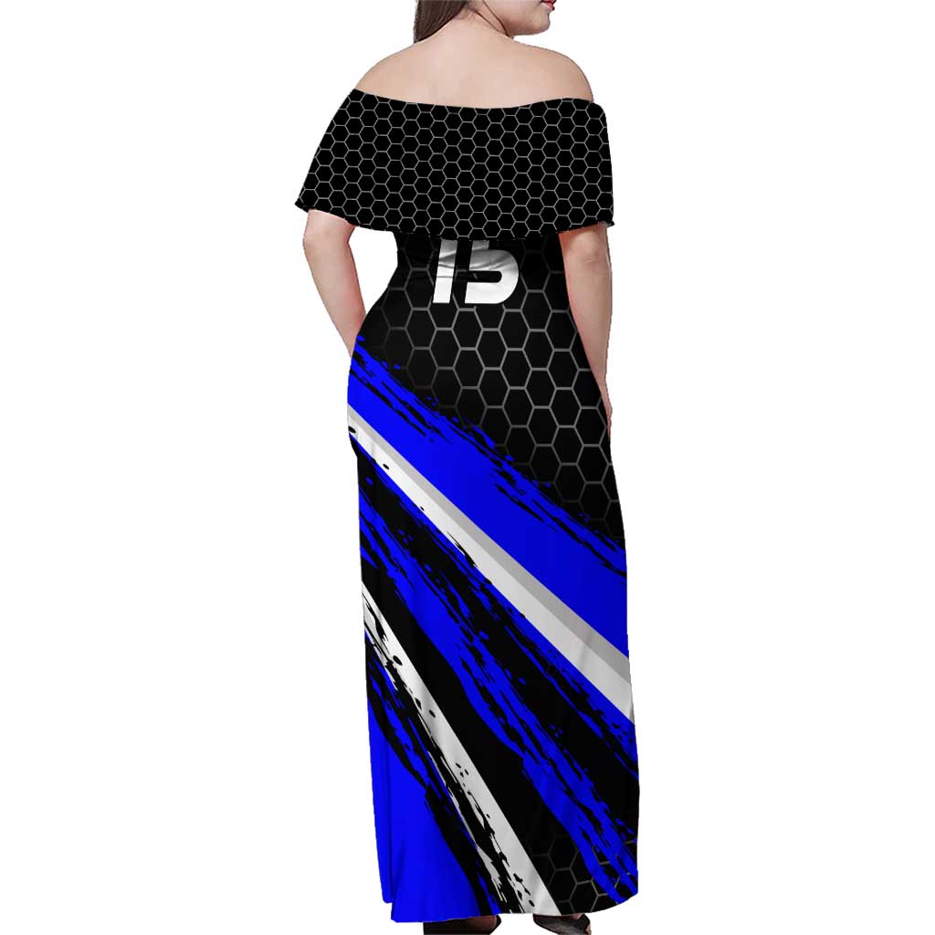 Custom Blue Motocross Family Matching Off Shoulder Maxi Dress and Hawaiian Shirt with Dirt Bike Rider Graphic Design on Honeycomb Pattern - Wonder Print Shop