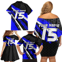 Custom Blue Motocross Family Matching Off Shoulder Short Dress and Hawaiian Shirt with Dirt Bike Rider Graphic Design on Honeycomb Pattern - Wonder Print Shop