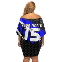 Custom Blue Motocross Family Matching Off Shoulder Short Dress and Hawaiian Shirt with Dirt Bike Rider Graphic Design on Honeycomb Pattern - Wonder Print Shop