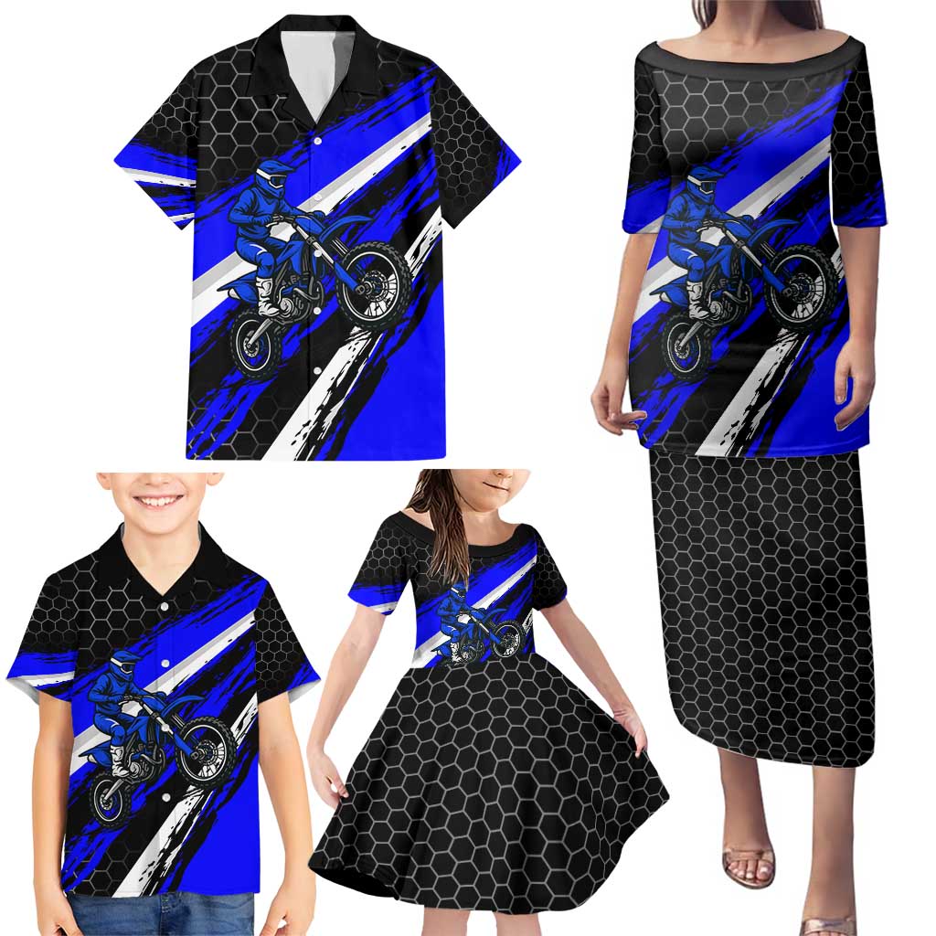 Custom Blue Motocross Family Matching Puletasi and Hawaiian Shirt with Dirt Bike Rider Graphic Design on Honeycomb Pattern - Wonder Print Shop