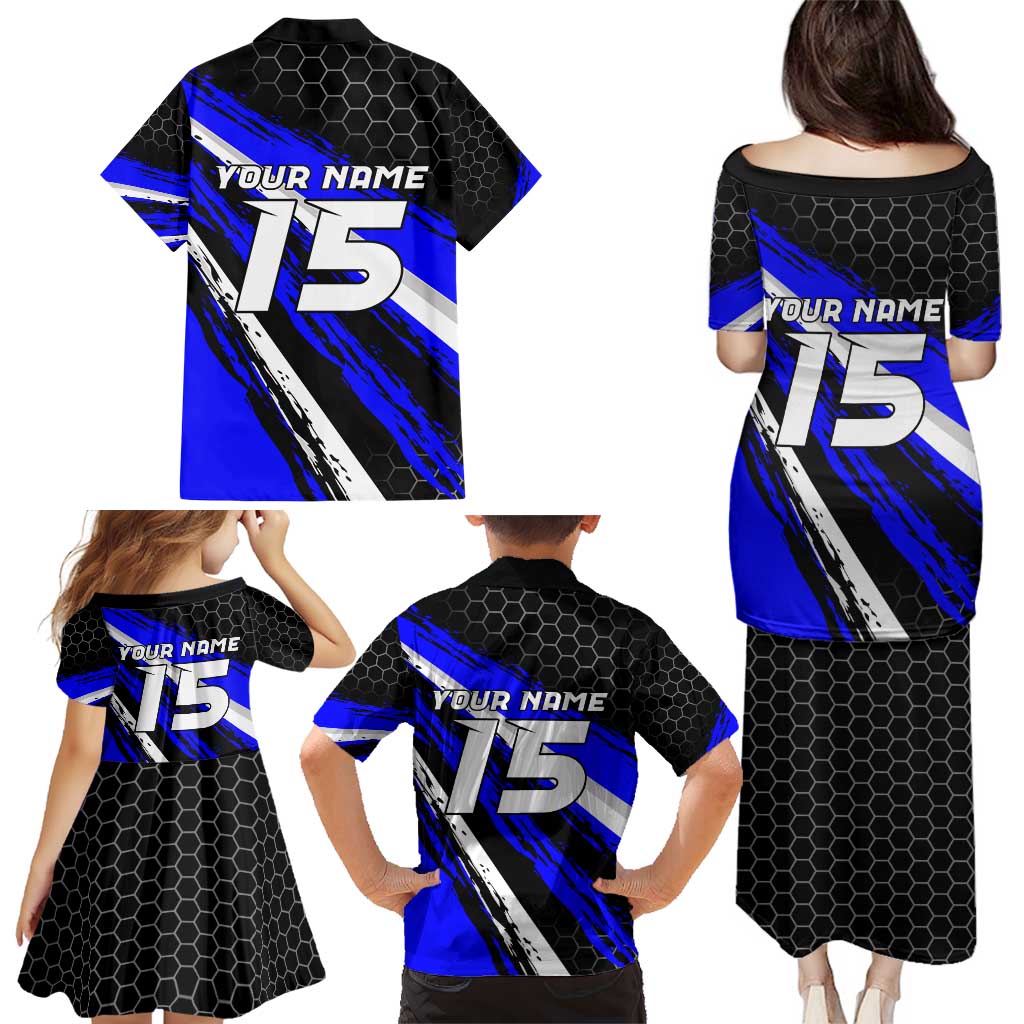Custom Blue Motocross Family Matching Puletasi and Hawaiian Shirt with Dirt Bike Rider Graphic Design on Honeycomb Pattern - Wonder Print Shop