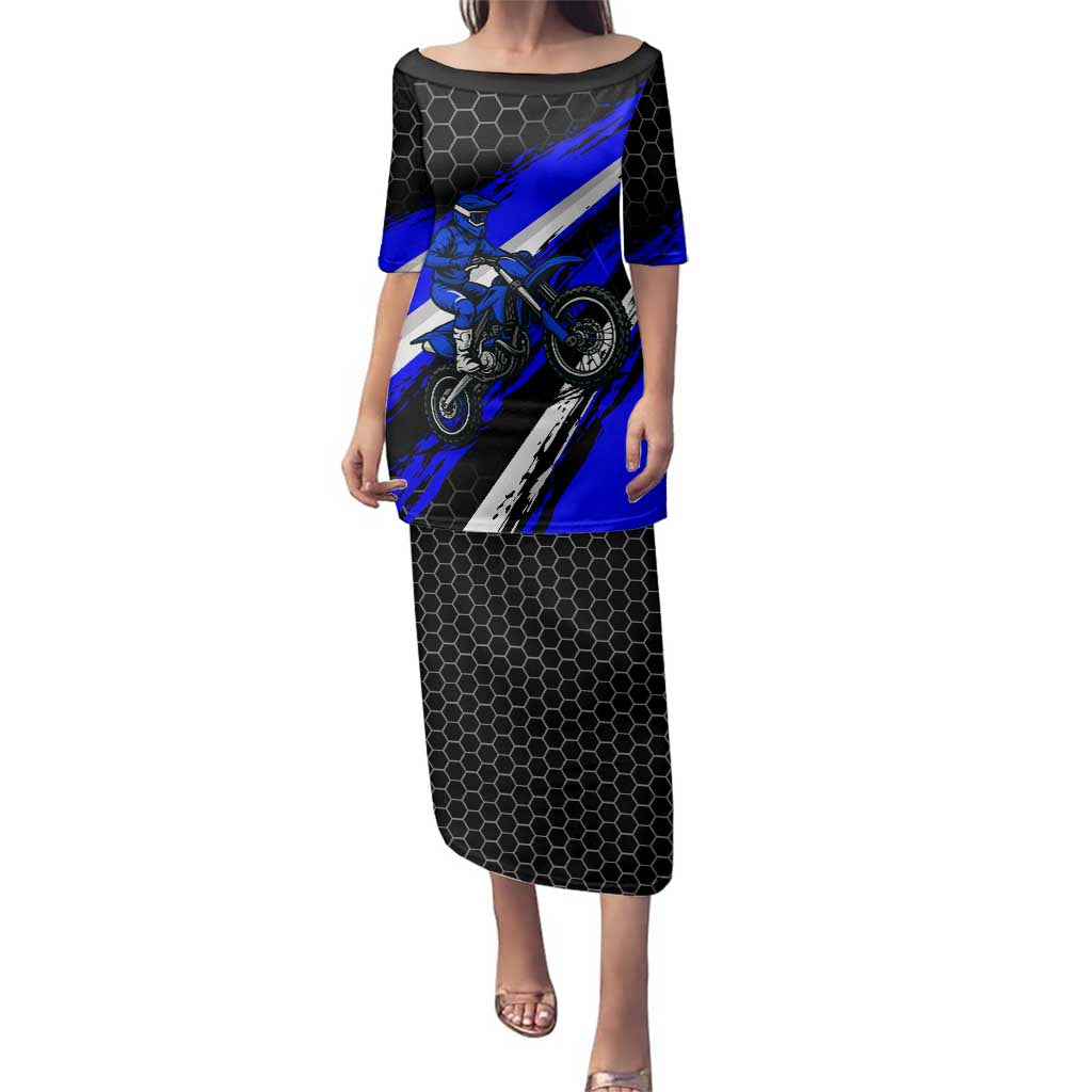 Custom Blue Motocross Family Matching Puletasi and Hawaiian Shirt with Dirt Bike Rider Graphic Design on Honeycomb Pattern - Wonder Print Shop