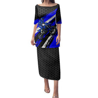 Custom Blue Motocross Family Matching Puletasi and Hawaiian Shirt with Dirt Bike Rider Graphic Design on Honeycomb Pattern - Wonder Print Shop