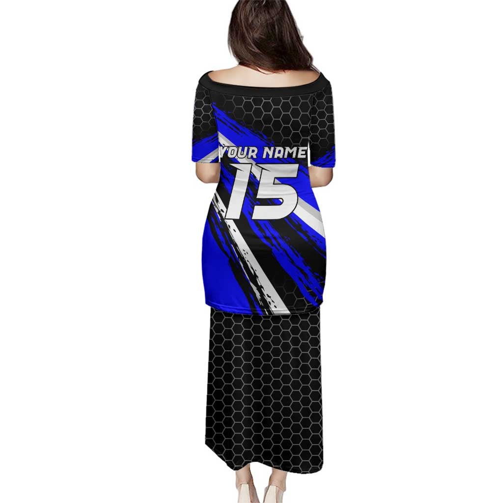 Custom Blue Motocross Family Matching Puletasi and Hawaiian Shirt with Dirt Bike Rider Graphic Design on Honeycomb Pattern - Wonder Print Shop