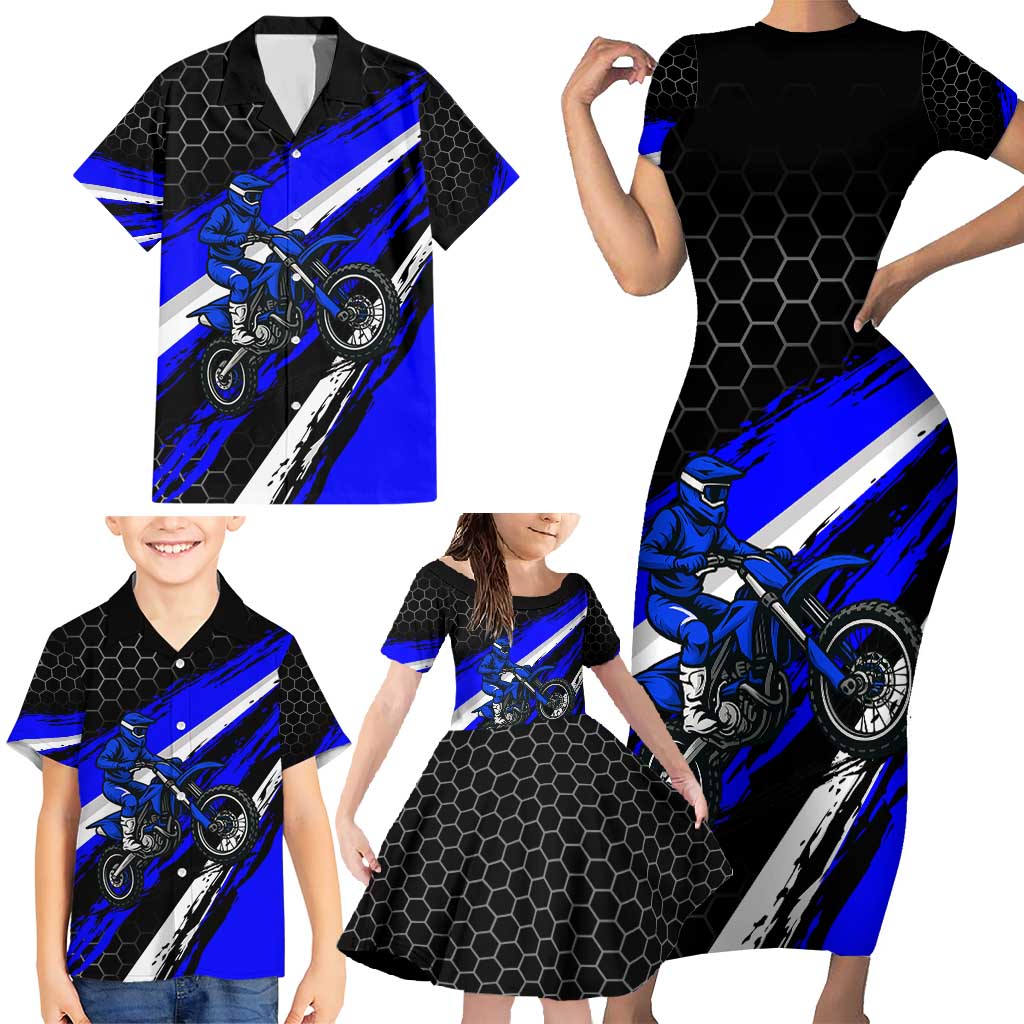 Custom Blue Motocross Family Matching Short Sleeve Bodycon Dress and Hawaiian Shirt with Dirt Bike Rider Graphic Design on Honeycomb Pattern - Wonder Print Shop