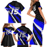 Custom Blue Motocross Family Matching Short Sleeve Bodycon Dress and Hawaiian Shirt with Dirt Bike Rider Graphic Design on Honeycomb Pattern - Wonder Print Shop