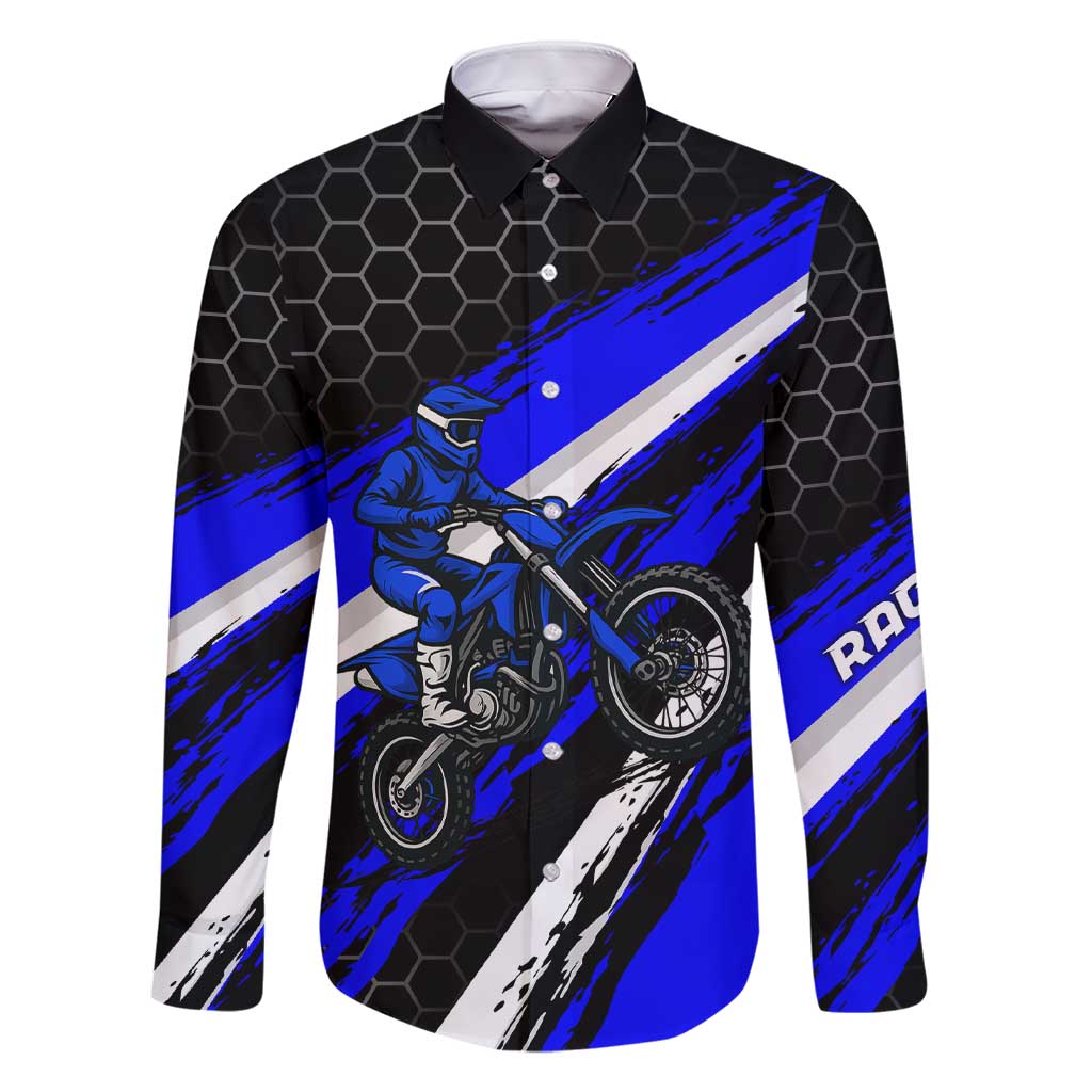 Custom Blue Motocross Family Matching Short Sleeve Bodycon Dress and Hawaiian Shirt with Dirt Bike Rider Graphic Design on Honeycomb Pattern - Wonder Print Shop