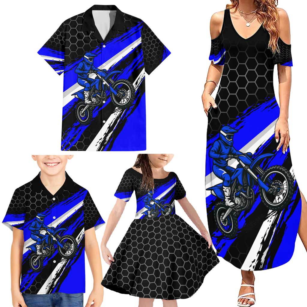 Custom Blue Motocross Family Matching Summer Maxi Dress and Hawaiian Shirt with Dirt Bike Rider Graphic Design on Honeycomb Pattern - Wonder Print Shop