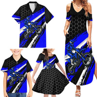 Custom Blue Motocross Family Matching Summer Maxi Dress and Hawaiian Shirt with Dirt Bike Rider Graphic Design on Honeycomb Pattern - Wonder Print Shop