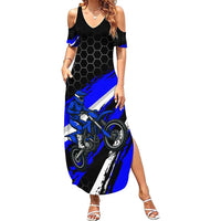Custom Blue Motocross Family Matching Summer Maxi Dress and Hawaiian Shirt with Dirt Bike Rider Graphic Design on Honeycomb Pattern - Wonder Print Shop