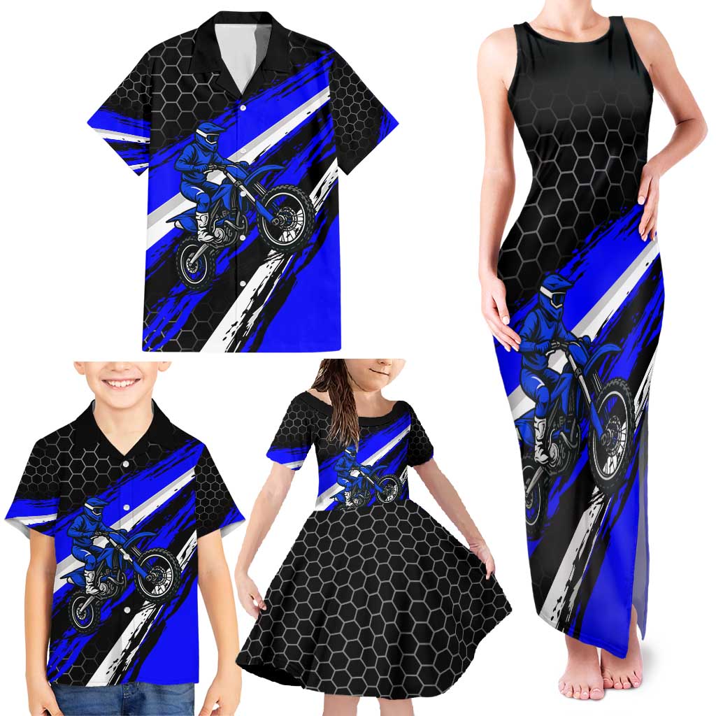 Custom Blue Motocross Family Matching Tank Maxi Dress and Hawaiian Shirt with Dirt Bike Rider Graphic Design on Honeycomb Pattern - Wonder Print Shop